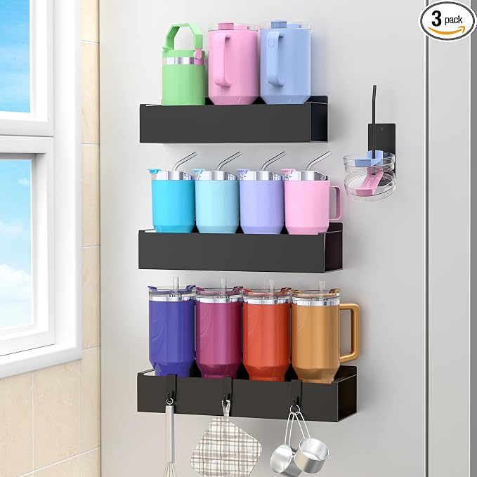 HuggieGems Metal Magnetic Water Bottle Holder for Refrigerator, Cup Holder Organizer for Stanley and Tumbler for Kitchen, 3 Pack, Jet Black by HuggieGems