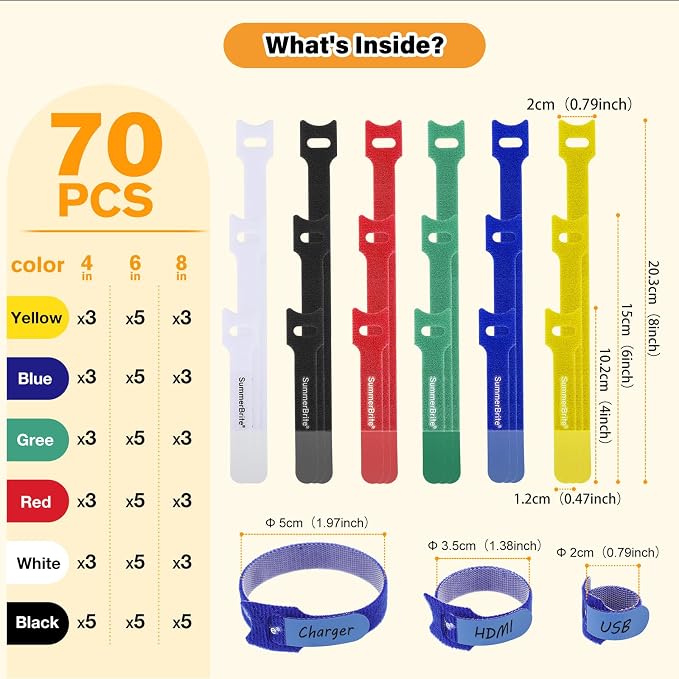 SummerBrite 70 Pack Assorted Cable Ties (4, 6, 8 Inch) Multi-Color with Writable Labels, Reusable Cord Organizer Straps, Hook & Loop Wire Management for Electronics, Home Office, PC Desk & Travel - Image 2