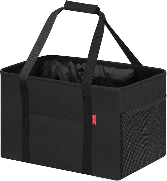 LHZK Standing Utility Tote Bag with Metal Wire Frame and the Sides Rinforced, Large Tote Bag with Handle, Reusable Grocery Bags Foldable, Beach Bag, Car Tote (Black, 18.5''x11.8''x11.5'') by LHZK