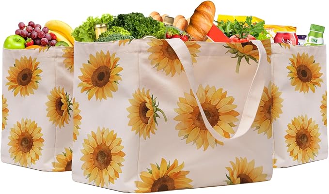Aesthetic Canvas Reusable Grocery Bags Heavy Duty, 8.3 gal Foldable Large Tote Bag with Handles, Holds 60 lbs & Washable Eco-friendly Bags with 5 Pockets, Beige with a print 3 Bags by CNaiyunpin