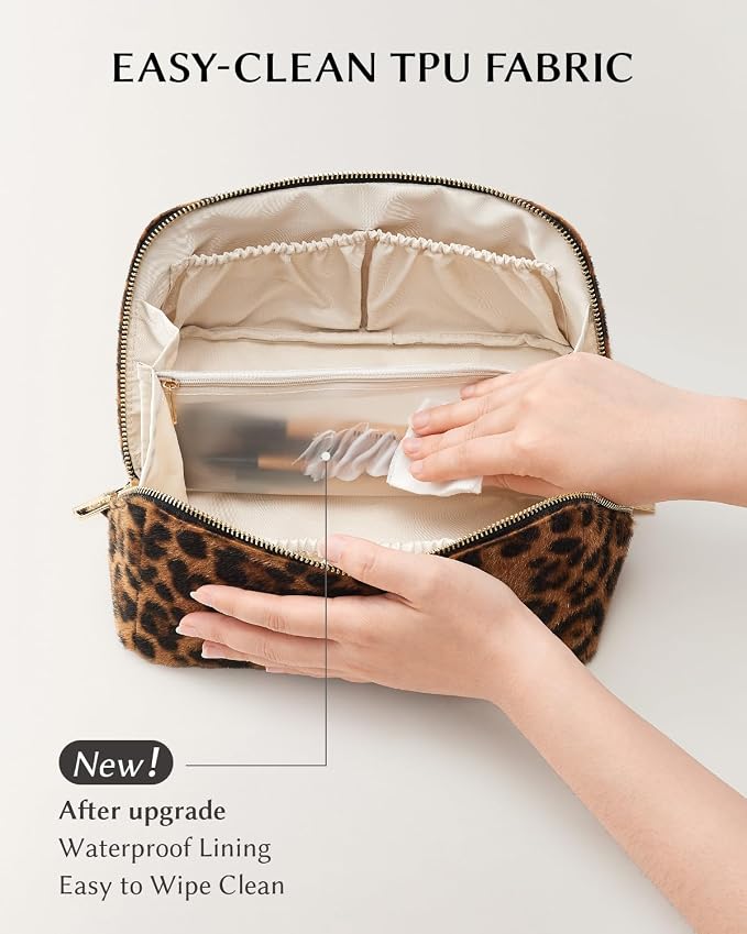 EACHY Travel Makeup Bag for Women, Flat Open Leopard Print Cosmetic Bag | Leopard-print PU leather cosmetic bag opens flat with dividers and clear TPU brush pocket for makeup and travel essentials - Image 2