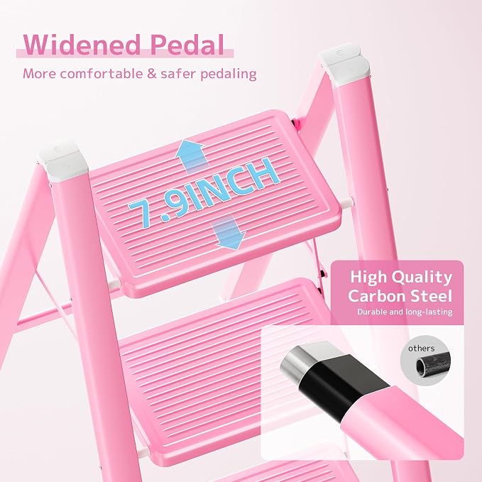 4 Step Ladder, Foldable Step Stool with Widened Pedal, Pink | Sturdy Carbon Steel, Anti-Slip Feet, Portable, 330LBS Capacity, Space Saving, for Kitchen, Bedroom, Pantry Use - Image 3
