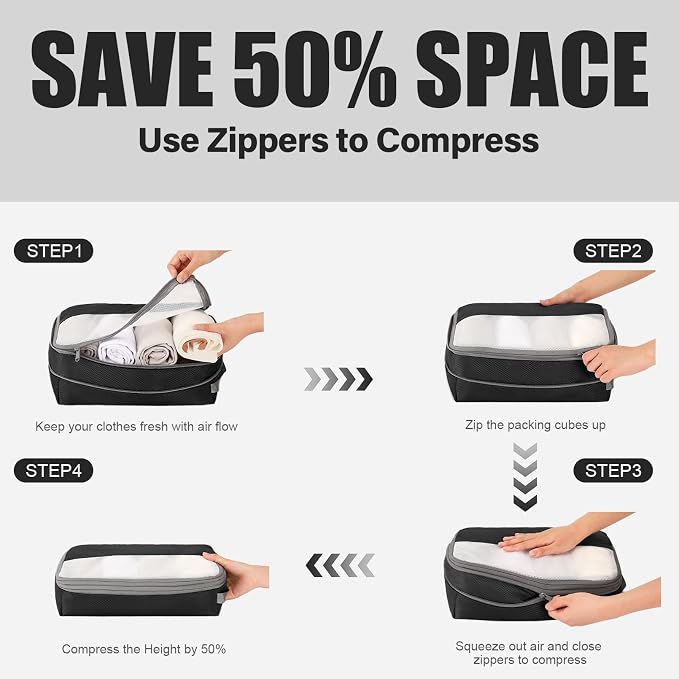 6 Set Compression Packing Cubes for Travel, Lightweight and Space-Saving Luggage Organizer Bags, Sturdy Travel Essentials for Suitcase, Black - Image 3