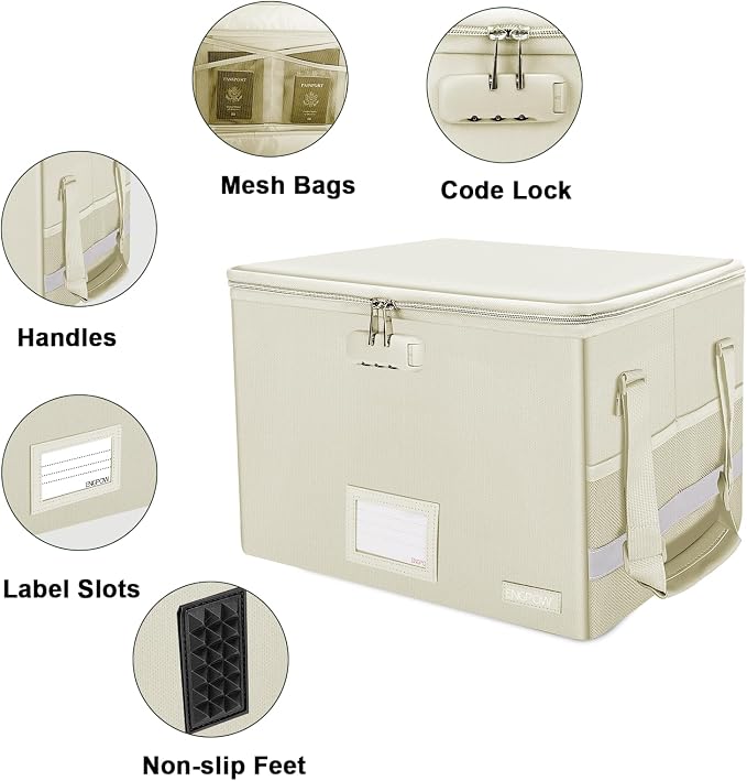 ENGPOW File Box with Lock,Fireproof Document Box with Zipper Lid,Collapsible File Storage Organizer Filing Cabinet with Handles,Portable Home Office Safe for Hanging Letter/Legal Folders,Beige,2 Pack - Image 3