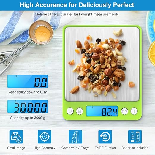 Digital Scale, 3000g, 0.01 Ounces, 0.1 Grams Accuracy Mini Kitchen Food Scale with 2 Trays, Pocket Scale for Jewelry, Coffee, LCD Display, Tare Function, Stainless Steel - Image 2