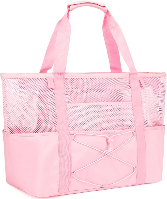 Fammart Mesh Beach Bag for Women, Large Beach Toy Pool Bag with Zipper Pocket, SandProof Cruise Essentials 2026 Family Travel by Fammart