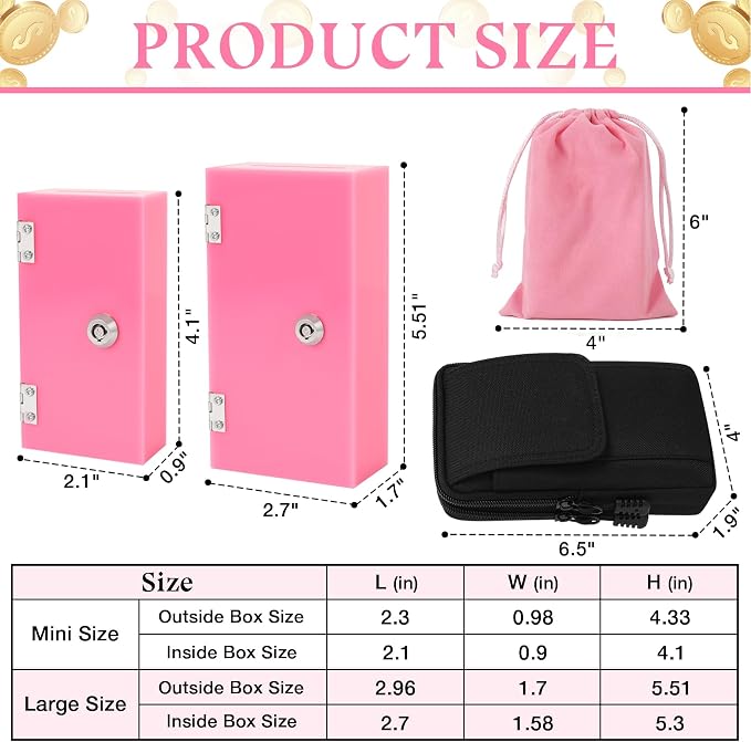 Large and Small Pink Acrylic Cash Box for Gambler 2 Pack, Winners Bank with Keys, Slot, Storage Bag, Waist Bag, Portable Casino Money Organizer Safe Lock Box - Image 2