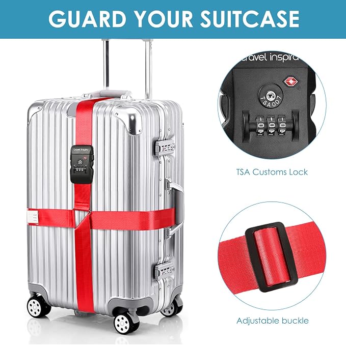 Travel Inspira TSA Accepted Long Luggage Cross Straps for Suitcases | Fits 20-28 Inch Bags; TSA-Approved Lock with Tag; Heavy-Duty Nylon; Adjustable Length; High Visibility Red; Anti-Burst - Image 2