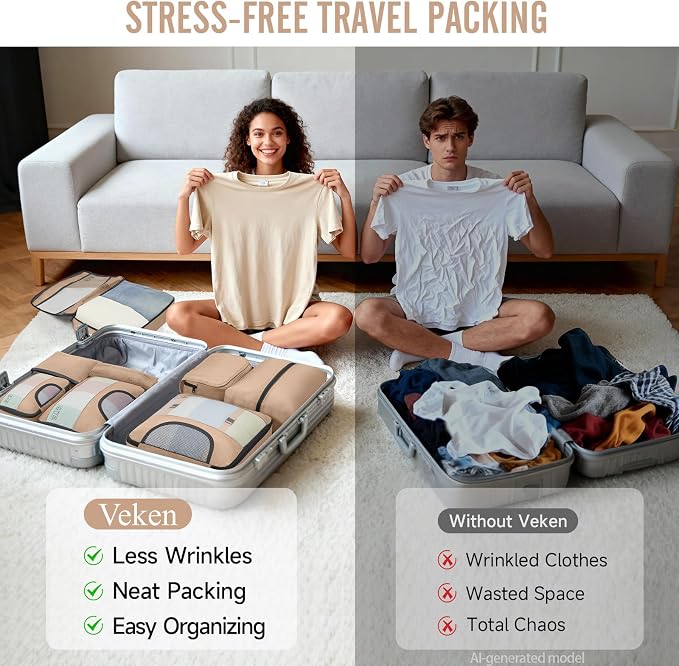Veken 8 Set Packing Cubes for Travel Essentials, Suitcase Organizer Bags in 4 Sizes, Carry-On Luggage Accessories with Laundry Bag, Airplane Must Have with 99-Count Mesh Holes - Image 7