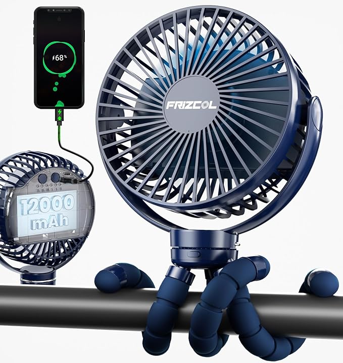 FRIZCOL 12000mAh Portable Stroller Fan, Use As Power Bank, 65H Battery Operated Fan Flexible Tripod Clip On Fans, Detachable Personal Handheld Baby Fans for Stroller, Car seat, Desk, Treadmill (Blue) by FollowUsGetMoreInfoNow