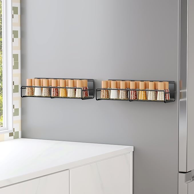 Mystozer 2 Pack Magnetic Spice Rack Organizer,Space Saver for Refrigerator and Microwave Oven, Magnetical Fridge Shelf for Jars,Seaoning,tins and Utensils (Black) - Image 4