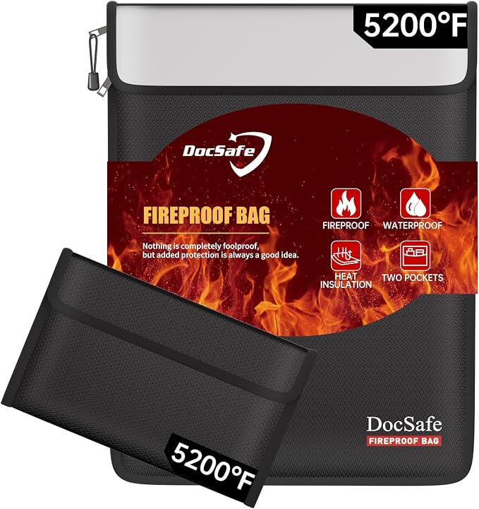 DocSafe Fireproof Document Bag (5200℉) with Fireproof Organizer Travel Case,Heat Insulated Fire＆Water Resistant 8 Layers Safe Money Bag Storage for Important Documents,Cash,Power Bank,Valuables,Black by DocSafe