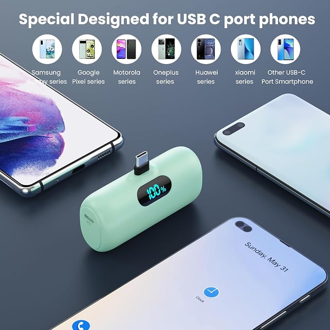 [2-Pack] Mini Portable Charger 5000mAh Power Bank,3A PD USB C Cell Phone Portable Power, LCD Display Battery Pack Compatible with iPhone 17/17 Air/16/16 pro/15/15 pro Max/Android/Samsung/Moto/LG etc - Image 2
