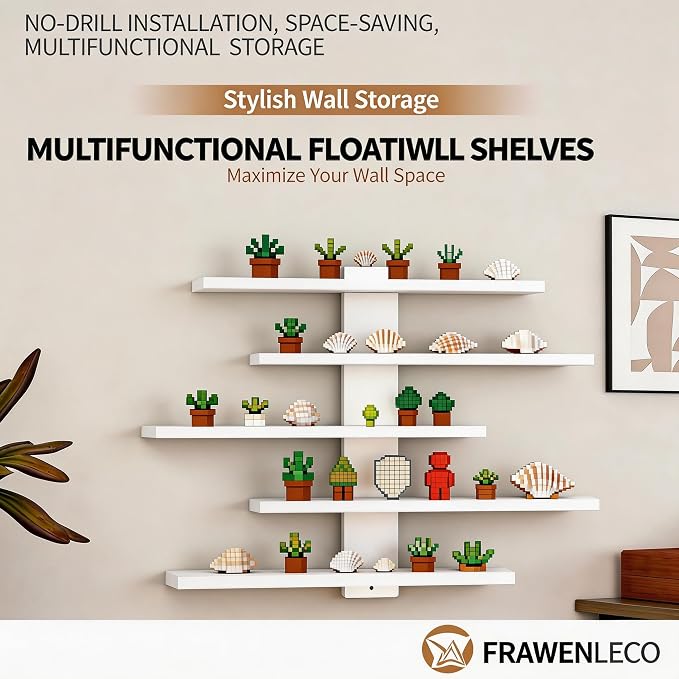 No Drill Floating Shelf for Wall, 5-Tier Wall Mounted Organizer, Damage-Free Display Shelf for Collectibles, Figures, Bathroom Kitchen Storage, White - Image 3