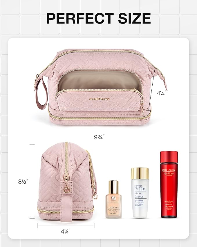 BAGSMART Travel Makeup Bag, Cosmetic Bag Make Up Organizer Case, Dorm Room Essentials Large Wide-open Pouch Women Travel Essentials Double Layers Purse for Toiletries Accessories Brushes Pink - Image 5