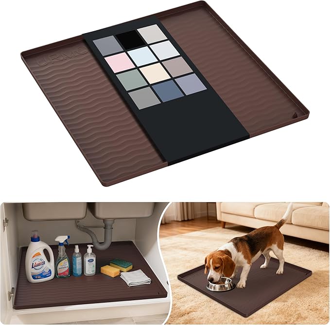 URMONA Waterproof Silicone Under Sink Mat 19'' x 19'' Shelf Liner for Kitchen and Bathroom, Cabinet and Counter Protector, Storage and Organizers, Litter Mat, Pet Cat Puppy Essentials(Brown) by URMONA
