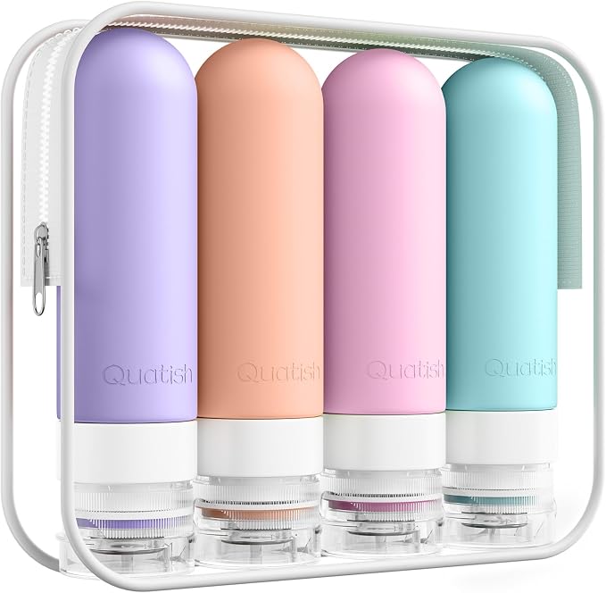 Quatish Travel Bottles for Toiletries, Original Patented Leak Proof Travel Size Toiletries, 3 oz Tsa Approved Silicone Shampoo and Conditioner Bottles, Travel Essentials, 4 Pack, Pink by Quatish