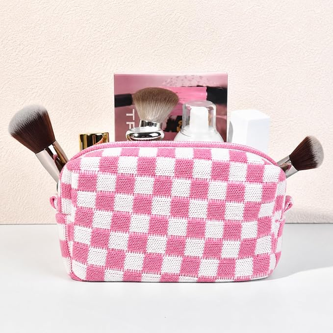 SOIDRAM 2 Pieces Makeup Bag Large Checkered Cosmetic Bag Capacity Canvas Mix Travel Toiletry Bag Organizer Cute Makeup Brushes Aesthetic Accessories Storage Bag for Women, Pink checkered - Image 7