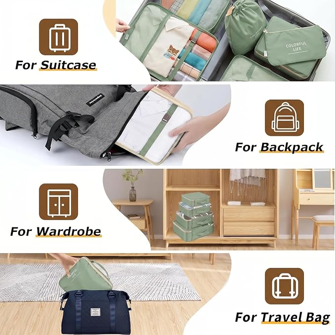 LANSKLBD 6/8 Set Packing Cubes for Suitcases Travel Luggage Packing Organizers,Travel Accessories Essentials Luggage Organizer with Shoe/Tioletry/Laundry Bag (Matcha Green, 8 set) - Image 6