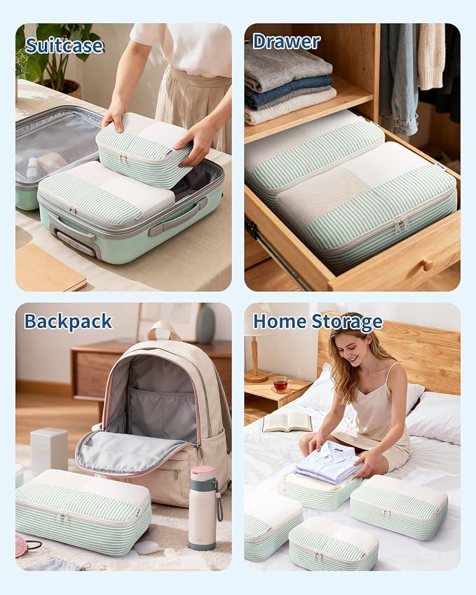 Narwey 7 Set Striped Packing Cubes for Travel Carry on Suitcase, Durable Packing Organizers Bag for Kids Women Men, Duffle Bags Backpack Travel Essentials Accessories (Mint Green Stripe) - Image 8