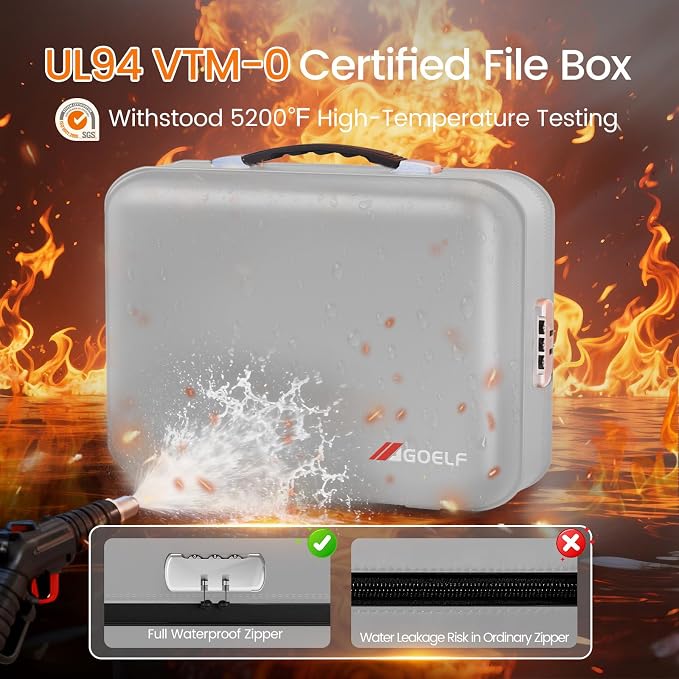 Fireproof Document Box with Lock, 5200°F Fireproof Water Resistant Hard Case File Organizer Safe Box for Important Documents, Certificates, Laptop, Passports (Sliver) - Image 3