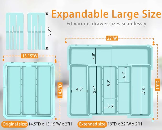Homecor Utensil Drawer Organizer for Kitchen, Expandable Silverware Organizer Cooking Utensils Tray, Large Cutlery and Flatware Holder, Kitchen Tools & Gadgets Storage (Turquoise) - Image 3