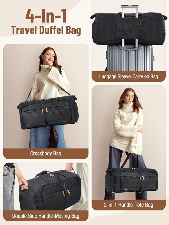 Lekesky Foldable Travel Duffel Bag for Women, 80L Large Duffle Bag with Separate Shoes Compartments & Straps, Carry On Weekend Bag for Women, Hospital, Overnight(Black Quilted) - Image 5