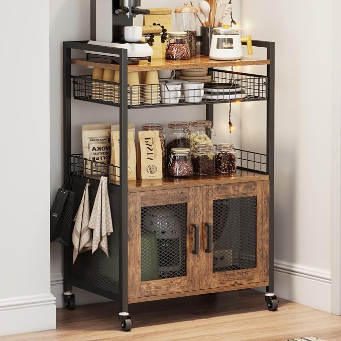 Hencawima Coffee Bar Cabinet, 3 Tier Coffee Station Table on Wheels, 35.9" H Bar Cart with Wire Basket Drawer & 5 Hooks for Home Kitchen, Liquor Buffet Sideboard Cabinet (Rustic Brown) by Hencawima