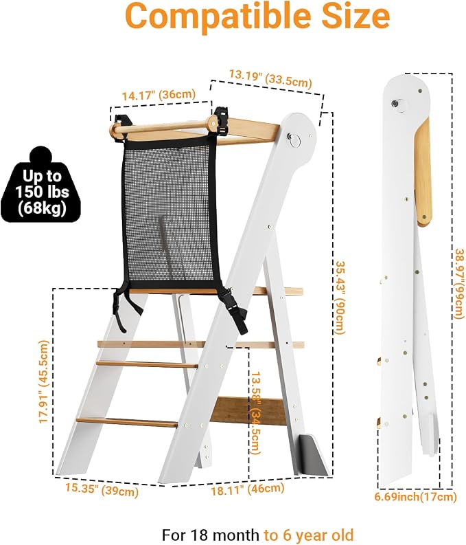 COSYLAND Foldable Toddler Kitchen Stool Helper - Height Adjustable Standing Tower for Bathroom Sink or Kitchen Counter - Step Stool for Toddlers Ages 18 Months to 6 Years White & Natural - Image 6