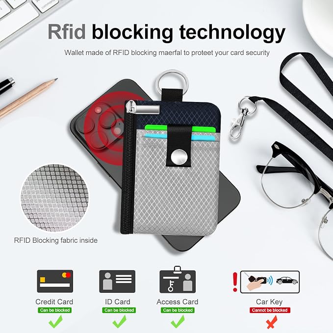Minimalist RFID Blocking Small Wallet with ID Window,WaterResistant Zip Id Case Wallet with Lanyard Keychain for Cards,Cash,Travel,Women,Men (Light gray/Dark blue) - Image 4
