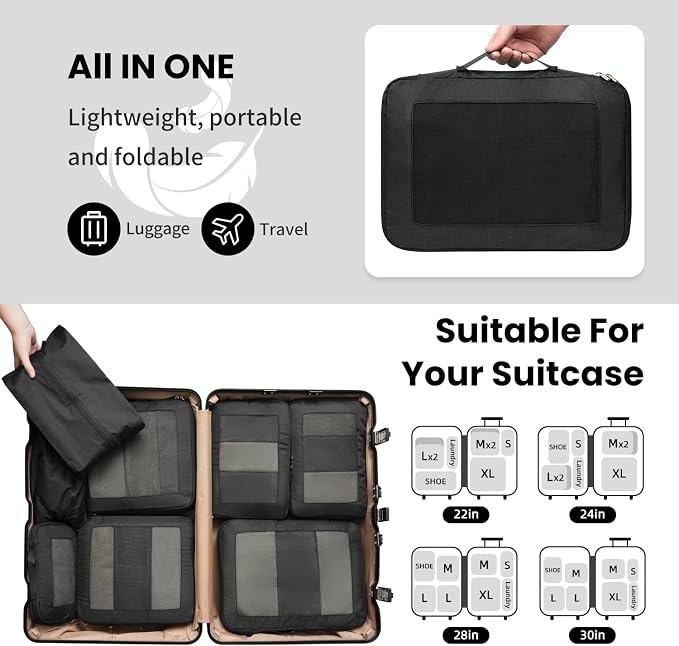 Compression Packing Cubes for Travel, Lightweight Vacation Travel Essentials, Travel Accessories for Suitcase Organizer Bags Set, Durable Luggage Organizer - Image 7