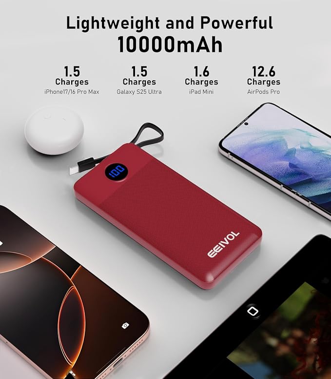 Portable Charger with Built in Cables, Slim 10000mAh Power Bank, USB C Battery Pack Travel, 4 Output 2 Input External Charging Bank for iPhone 17/16/15/14/13,Samsung, Android, etc-Red(1 Pack) - Image 8