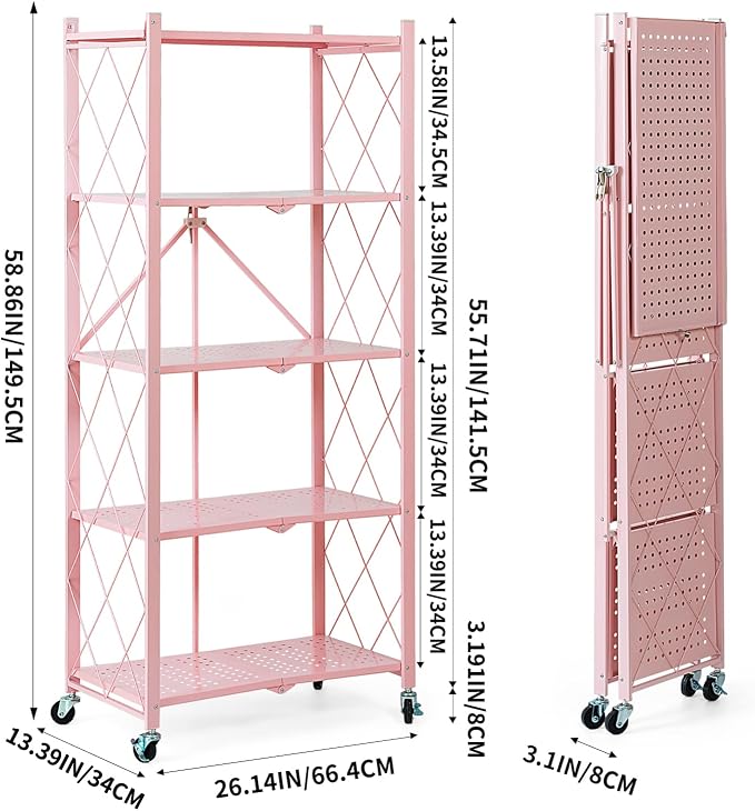 BRIAN & DANY 5-Tier Foldable Storage Shelves with Wheels, Folding Metal Rack Shelving Unit, Heavy Duty No Assembly Organizer Shelf for Garage, Kitchen, Basement, Pantry, Pink - Image 3