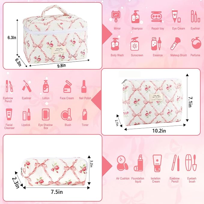 URSKYTOUS 3Pcs Makeup Bag Quilted Cosmetic Bag Set Bow Travel Large Makeup Pouch for Women Cute Portable Cotton Toiletry Bag Skincare Organizer Coquette Vintage Travel Essential - Image 2