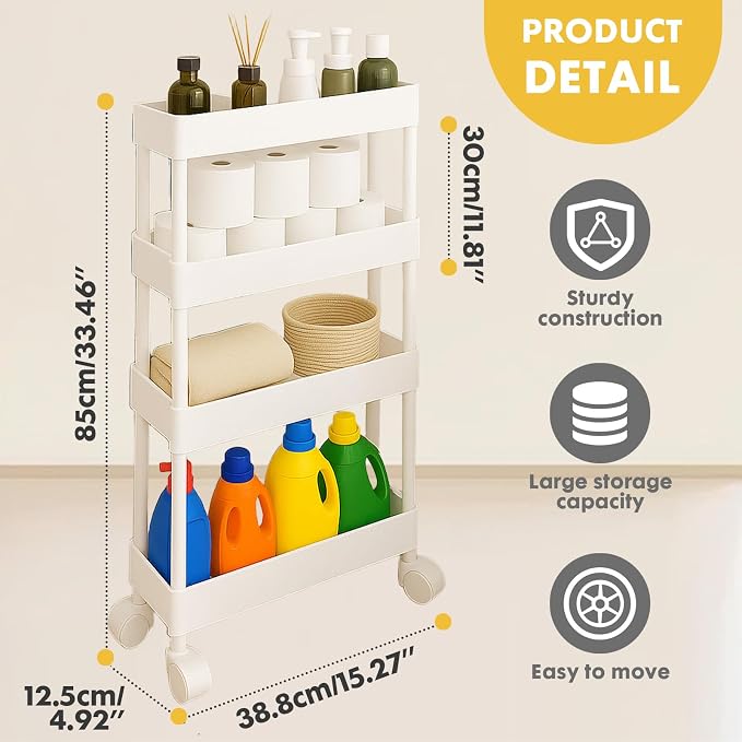 ShellKingdom 4 Tier Bathroom Storage Organizer, Slim Rolling Storage Cart for Narrow Space, Mobile Shelving Unit with Lockable Wheels and Hooks for Bathroom, Kitchen, Laundry Movable Shelf (White) - Image 7