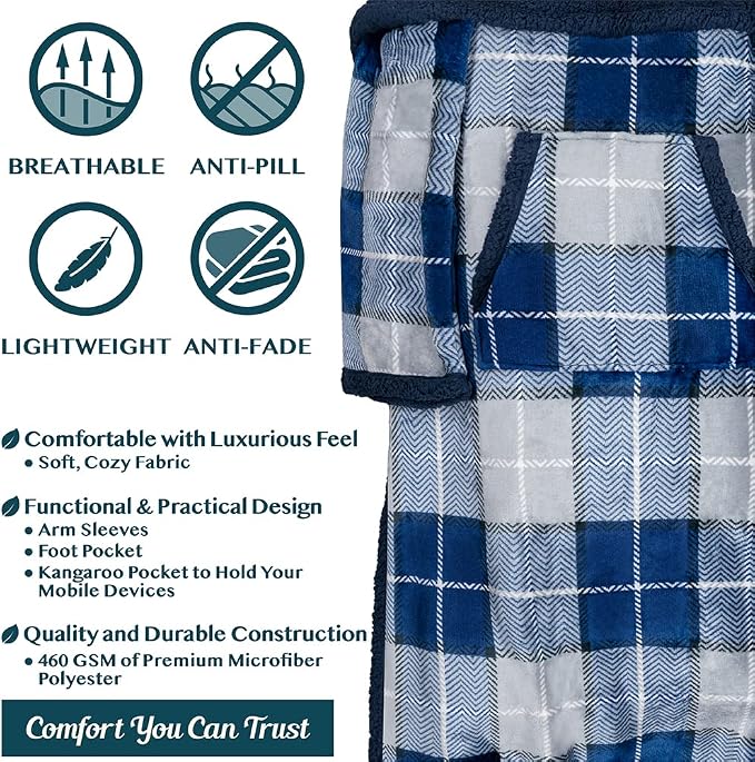 PAVILIA Sherpa Blanket with Sleeves, Foot Pocket for Women Men Adults, Thick Wearable Blanket Throw Wrap, Fleece Warm Snuggle Blanket Robe, Cozy Gift Ideas Wife Mom, Plaid Blue - Image 4