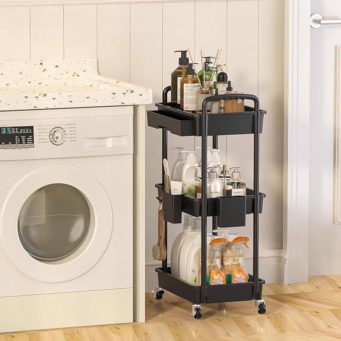 3 Tier Rolling Utility Cart with Drawer, Plastic Storage Organizer Rolling Carts with Wheels Handles Hanging Cups Hooks for Office, Bathroom, Kitchen,Craft Art Room (Black) - Image 6