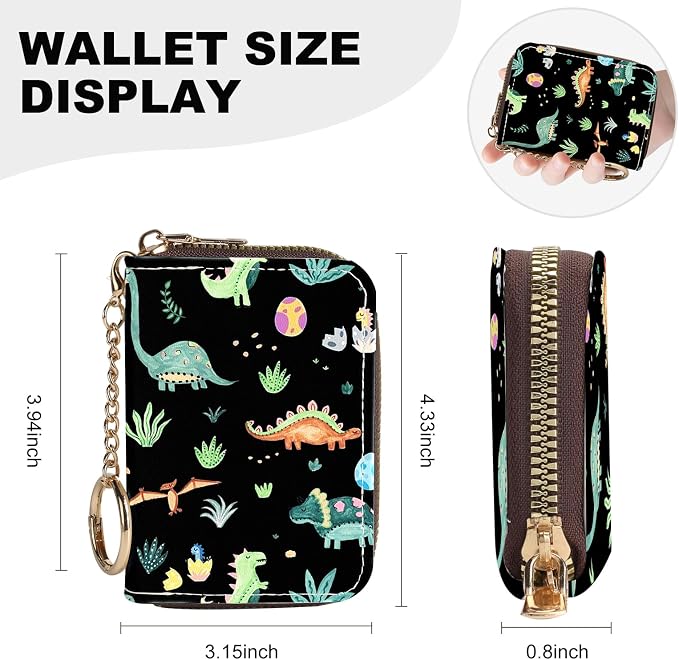 Credit Card Holder for Women,Small Rfid Wallet with Keychain Zipper,Cute PU Leather Card Case Wallet，Accordion Credit Card Wallets Gift,Little Dinosaur - Image 4