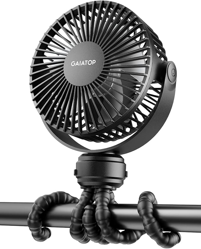 Gaiatop Mini Portable Stroller Fan, Small Clip on Fan 3 Speed Rechargeable | 360° Rotate Flexible Tripod, Battery Operated Detachable, Cooling for Car Seat Crib Treadmill Travel Black by GAIATOP