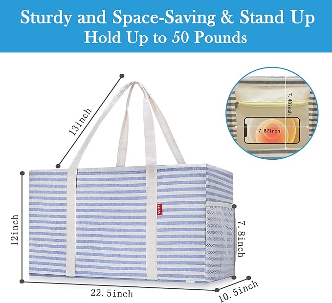 LHZK 2 Pack Extra Large Utility Tote Bag with Metal Wire Frame and the Sides Rinforced, Extra Large Tote Bag with Handle for Pool Beach Laundry Storage (Blue) - Image 7