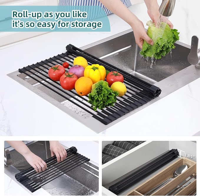 Ohuhu Roll Up Dish Racks, 16.5" L x 13" W Over The Sink Dish Drainer Drying Rack Kitchen Sink Organizer Silicone Wrapped Large in Sink Dish Drying Rack Foldable Rolling Drain Mats Anti-Slip - Image 6
