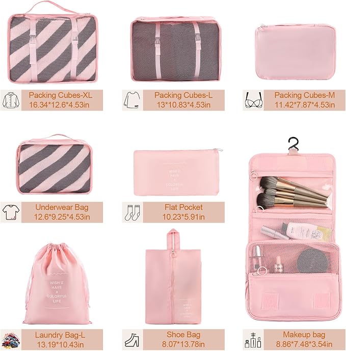 Packing Cubes for Travel, 8 Set Luggage Organizer Bags Travel Cubes for Packing Compression Luggage Cubes for Suitcase Carry on Travel Essentials with Laundry & Toiletry Bag（pink） - Image 2