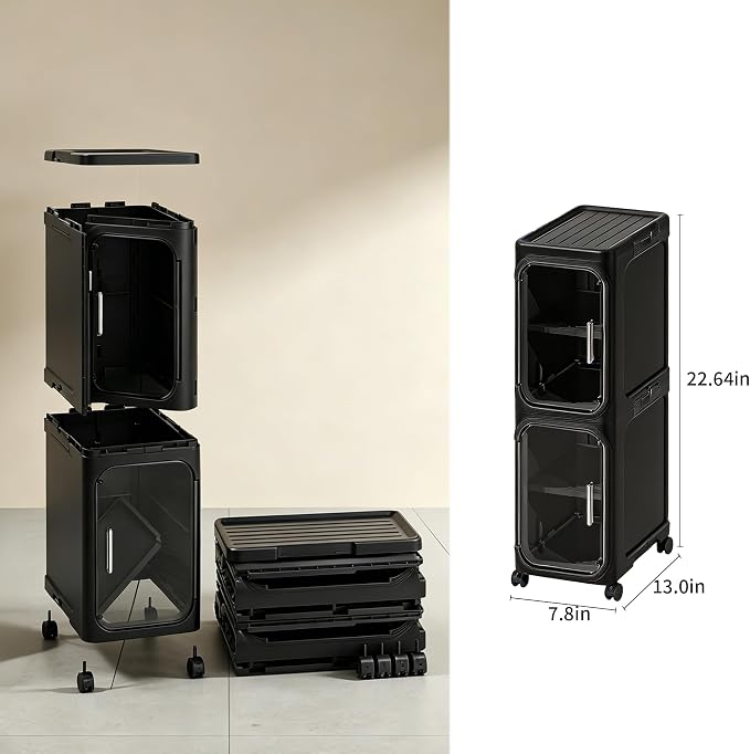 2-Tier Narrow Storage Cabinet Slim Bathroom Skinny Organizer with Wheels | Slim Storage Cabinet with Lockable Rolling Wheels Adjustable Detachable Shelves Snap Assembly for Small Spaces,Black - Image 2