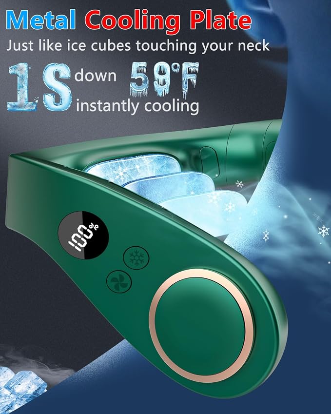 Neck Fan with Cooling Plate-24H Quiet Powerful Fans that Blow Cold Air-5 Speed&Power LED Display-USB 5500mAh Bladeless Wearable Personal AC Cooler for Women,Men,Kids,Travel,Outside,Indoor Green - Image 2