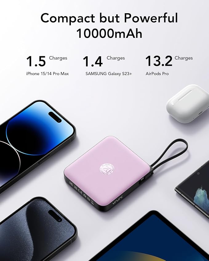 VRURC Portable Charger 10000mAh Battery Pack, Cell Phone Power Bank, Purple | Built-in Cables, 22.5W Fast Charging, Slim, Travel Essentials, Airline-Approved, for iPhone 17/16/15 Series, Samsung Android - Image 5