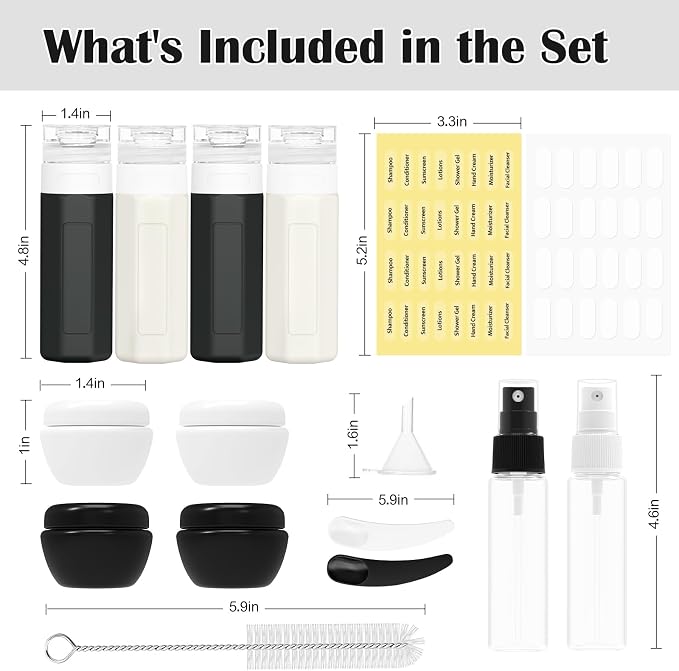 Redfly 17 Pack Travel Bottles for Toiletries, Tsa Approved 3oz Travel Size Containers, Leak Proof Travel Size Toiletries Bottles Silicone, BPA Free Refillable Shampoo Conditioners Kits, Black&White - Image 2