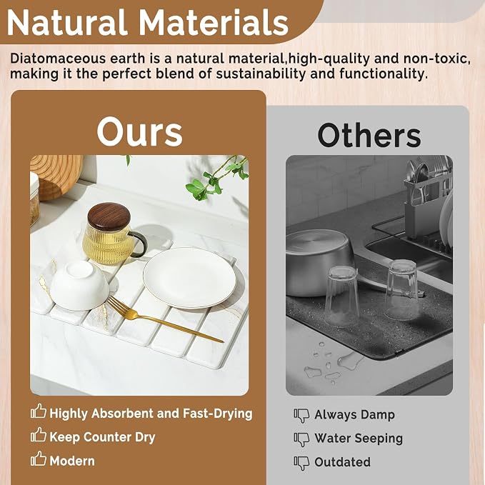 Small Stone Dish Drying Mat for Kitchen Counter, 15.7"×12" & 8"x4" Quick Dry Stone Mats, Foldable Water Absorbing Diatomaceous Earth Drying Dish Pad for Countertop Bottles Utensils Cup(Gold White) - Image 7
