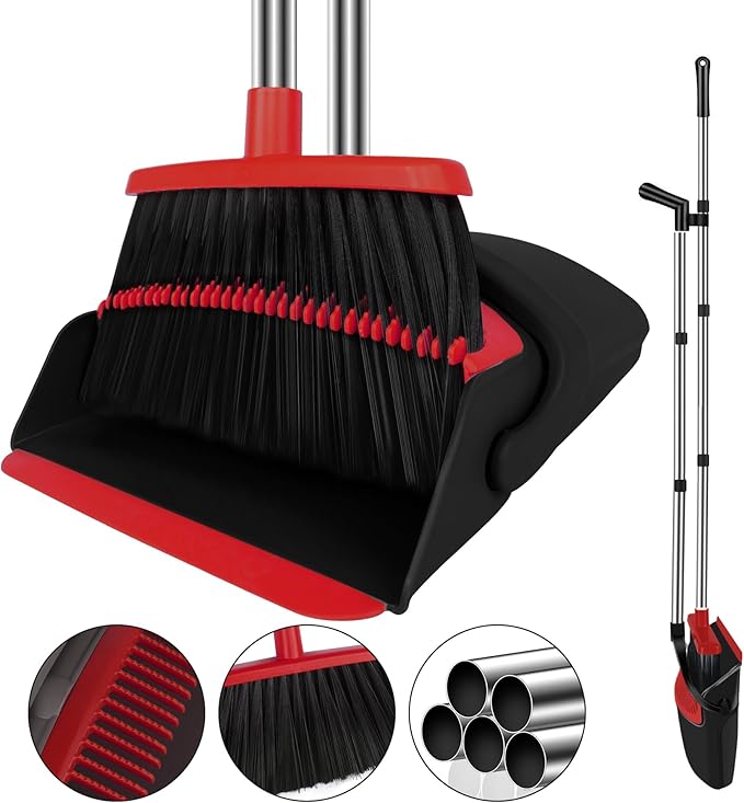 Red Broom and Dustpan Combo Set, 51" Long Handle Broom | Built-in Comb Dustpan for Pet Hair Removal, Foldable Upright Storage Design by UDUK