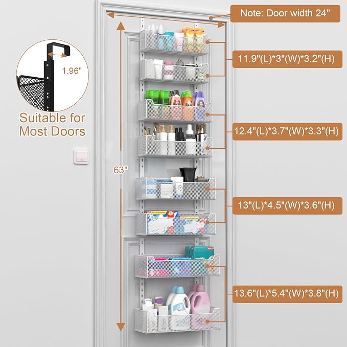VyGrow Over The Door Organizer, 8-tier Metal Door Organizer Hanging with Adjustable Baskets, Behind The Door Storage for Bedroom Closet Bathroom Pantry Cabinet Kitchen, White - Image 3