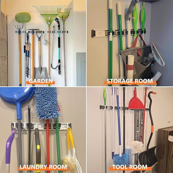 reliahom Broom Holder Wall Mount Mop Hanger Tools organizer 5Racks 4Hooks | Adjustable Mop Broom Wall Hanging Heavy duty Tools Storage Rack Space-saving for Garage,Kitchen,Laundry Room,Garden, Black - Image 5